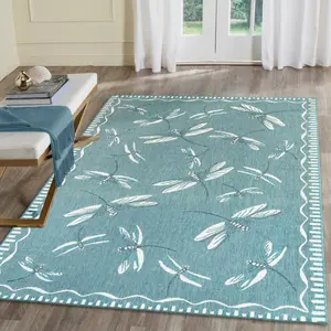 Lush Decor CARMEL Indoor/Outdoor Power Loomed Synthetic Blend Low Profile Area Rug - Transitional Border Garden Nature Decorative  (Dragonfly)