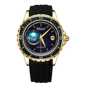Diella Automatic Watches for Men, Luxury Black Jade Men's Dress Wrist Watch, Self Winding Mechanical Gold Stainless Steel Case Watch with Date, Luminous Starry Sky Globe (Model: AD6058G)