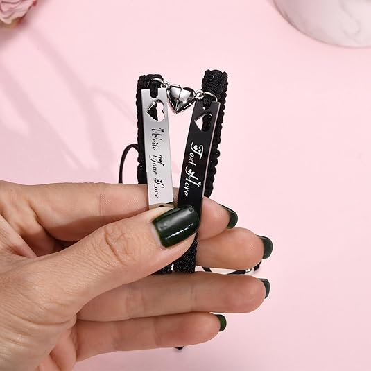 Heart Matching Couples Bracelets - Adjustable Braided I Love My Boyfriend Girlfriend Long Distance Bracelets, Lovers His Hers Relationship Promise Bracelet Jewelry Anniversary Christmas Birthday Gifts