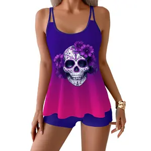 Women's 2-Piece Tankini Swimsuits Set - Purple Floral, Black Sugar Skull, Day of the Dead, Mexican Prayer Halter Top & Tummy-Covering Stretch Swim Shorts, Sports & Outdoor Swimwear, Halter Tops