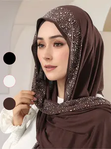 Women's Elegant Rhinestone Handmade Water Drill Headscarf Scarf, Soft Breathable Knitted Jersey Hijab Shawl Cap, All-Season Fashion Accessory