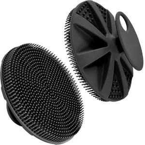 Food-Grade Soft Silicone Body Scrubber Shower Brush Handheld Cleansing Skin Brush, Gentle Exfoliating and Lather Well (Black) Facial Durable Handle Sensitive Comfort Cleaning Bath Hanging Personal Hangable