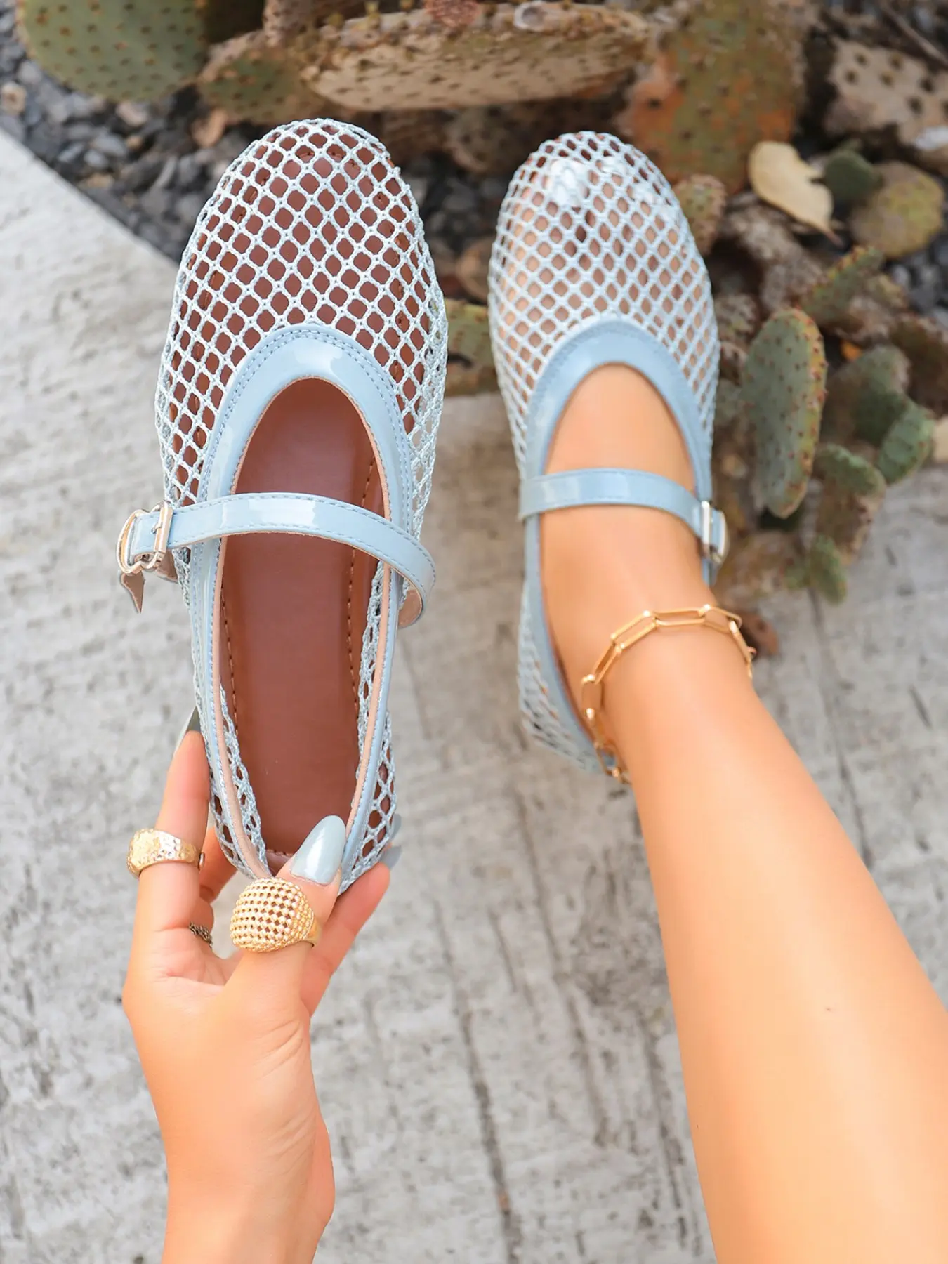 Summer Mesh Mary Jane Shoes for Women, Breathable Flat Shoes with Buckle Strap, Soft Sole Ballet Flats, Casual Flats, Fishnet Design, All-Season Comfort, Walking Shoes Footwear