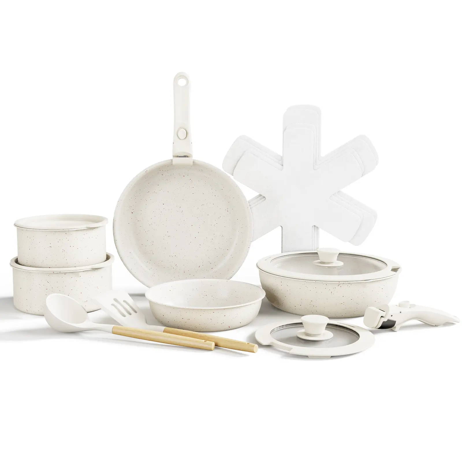 Bazova 17-Pcs Nonstick Pots and Pans Set with Removable Handles, Cream White Ceramic Cookware Sets, Stain & Scratch-resistant, Oven/Dishwasher Safe,