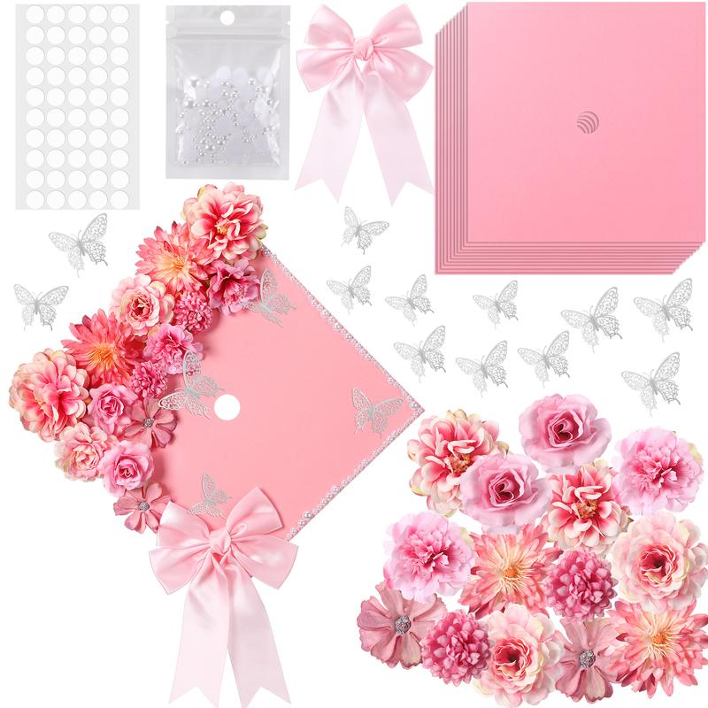Graduation Cap Decoration Kit with Artificial Flower Heads 3D Butterfly Construction Paper Stickers Pearl Adhesive Dots Satin Bow for Grad Cap Topper DIY Craft Art Decor Grad Gift