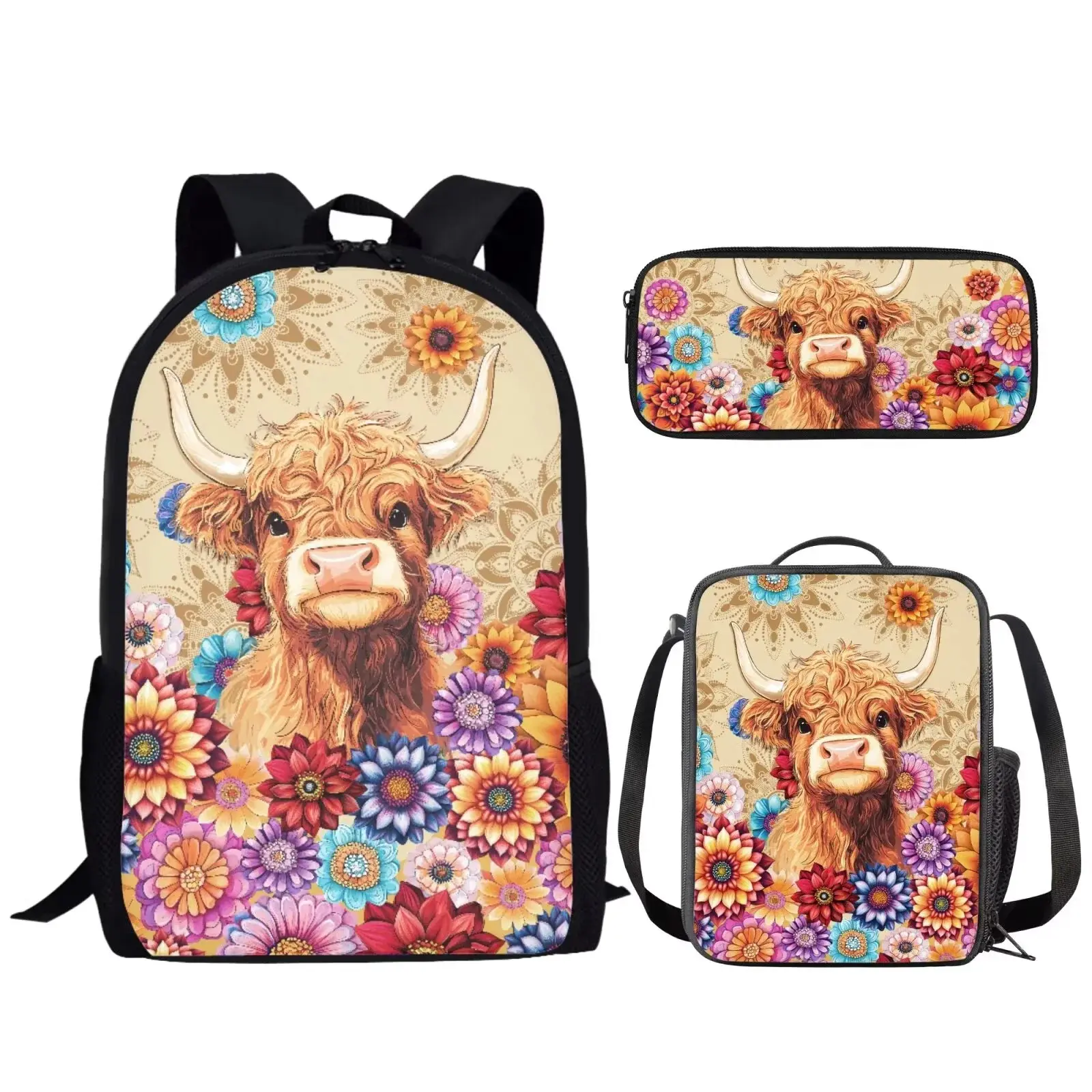 Highland cow print girls' backpack set with floral pattern, three-piece backpack set, includes lunchbox and pencil case, lightweight school bag set.