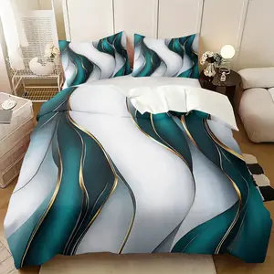 2/3Pcs Teal Gold Abstract Wave Duvet Cover Set, Luxury Modern Marble Fluid Art Comforter Cover, Soft Microfiber Bedding Set with Pillowcases, No Filler, For Young Women Bedroom Apartment Dorm Decor, Great Gift for Modern Home Lovers