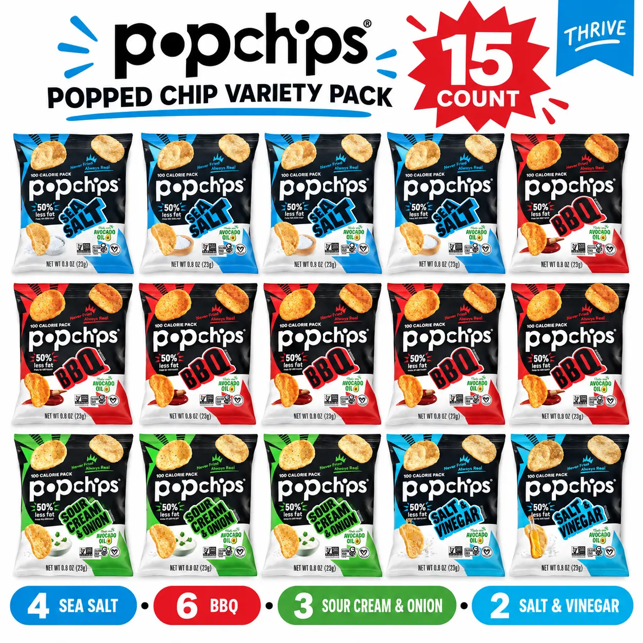 Popchips Variety Pack 15 Count Individually Packaged 100-Calorie Popped Potato Chips 4 Flavors for Lunch School Office and Travel