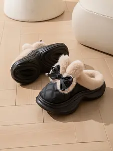 Women's Cotton Non Slip Slippers Bowknot Thick Sole Fleece Lined Warm Durable Comfortable Winter Indoor Outdoor Home Wear Shoes