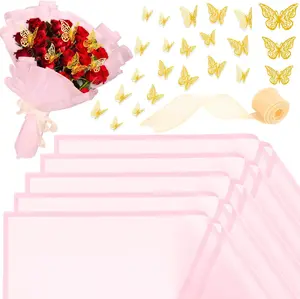 20 Sheet  Flower Wrapping Paper, Bouquet Wrapping Paper with 12 Butterflies and 1 Ribbon for Diy Bouquet, Flower Paper Wrap Kit for Valentine's Day, Mother's Day, Graduation