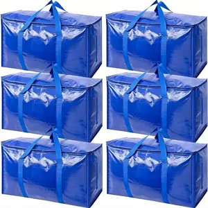Heavy Duty Moving Bags Extra Large, 6 Pack Tear Resistant Tarpaulin Storage Totes with Zippers, Waterproof Packing Boxes for House Moving Supplies, Thick Reusable Closet Organizer Bins for Comforters Bedding Clothes, Cargo Luggage Carrier, Black/Blue 2026