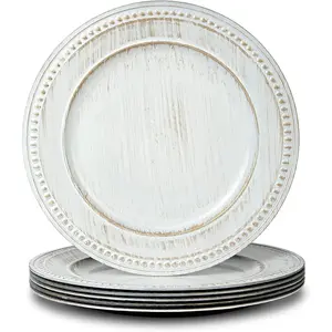13" Vintage Beaded Charger Plates Set of 6, Bulk Chargers for Dinner Plates for Wedding, White