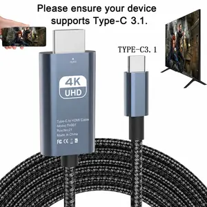 USB 3.1 Type-C to HDMI HDTV Adapter Cable, 4K HD Display, 2 m/6.6 ft USB-Powered, No Battery, Direct Phone to TV/Screen/Projector Connection, No WiFi or Software Needed