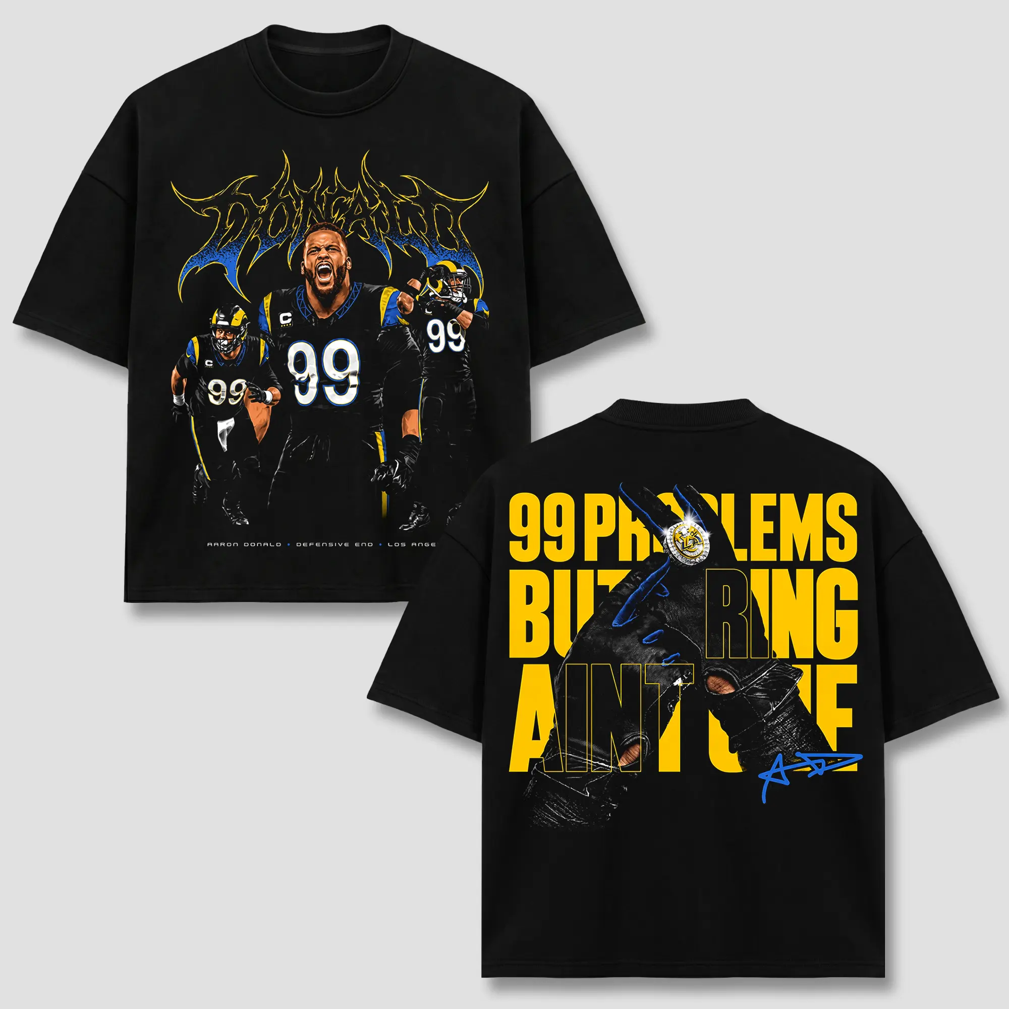 Aaron Donald #99  T-Shirt, LAR Football Defensive Tackle Tee, LAR Number 99 Merch, Ring Back Print Graphic Apparel, Defensive Tackle Retro 90s Bootleg Sports Wear, Football Fan Heritage Gift, Men Women Heavyweight Oversized Clothing