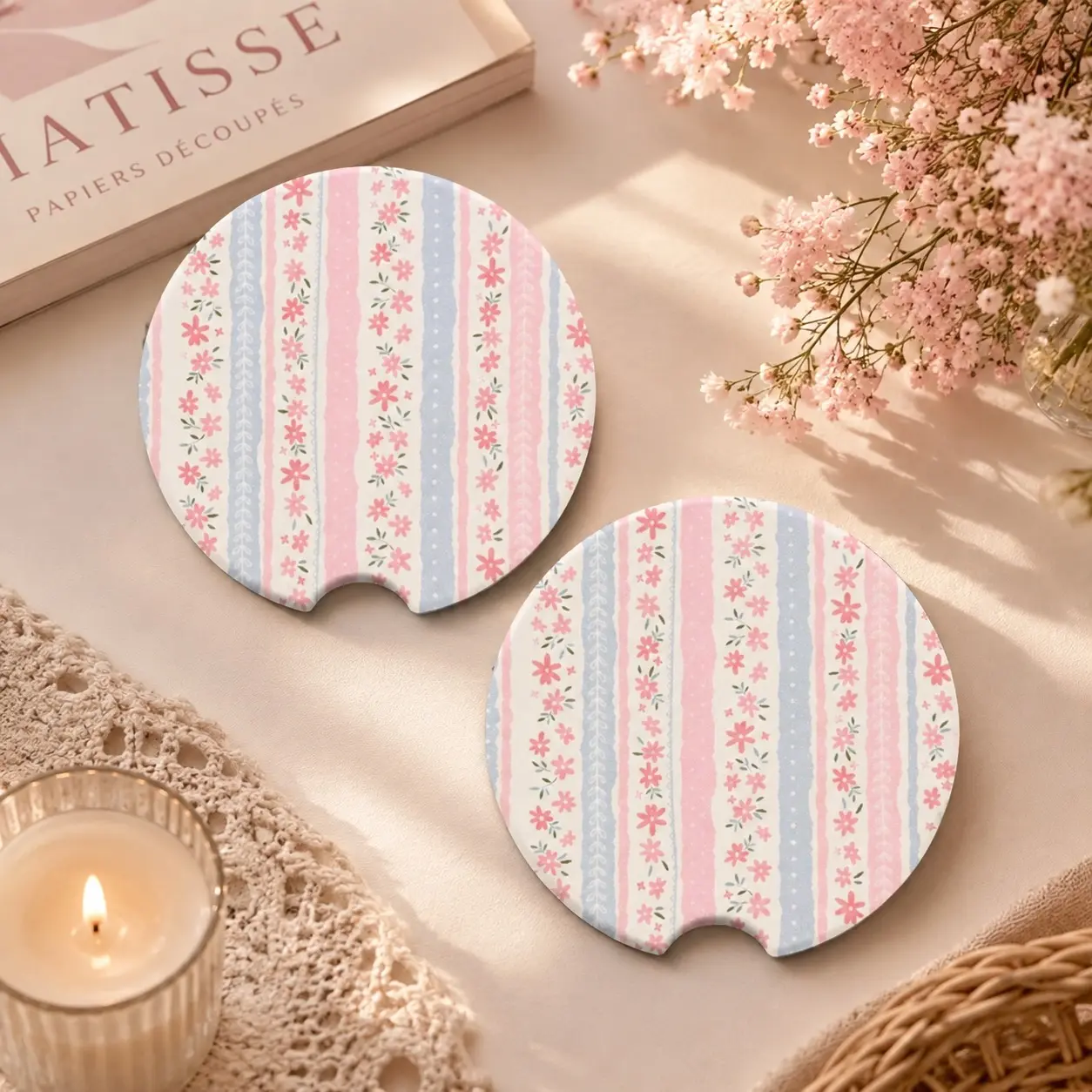 Coquette Floral Love Shack Car Coasters Set of 2, Soapstone Cup Holder Coasters, Pink Cottagecore Floral Auto Accessories, Girly Car Decor Gift