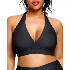 Yonique Women's Plus Size Bikini Tops Only Halter Swimsuit Top Large Bust Swim Top V Neck Bathing Suit Tops