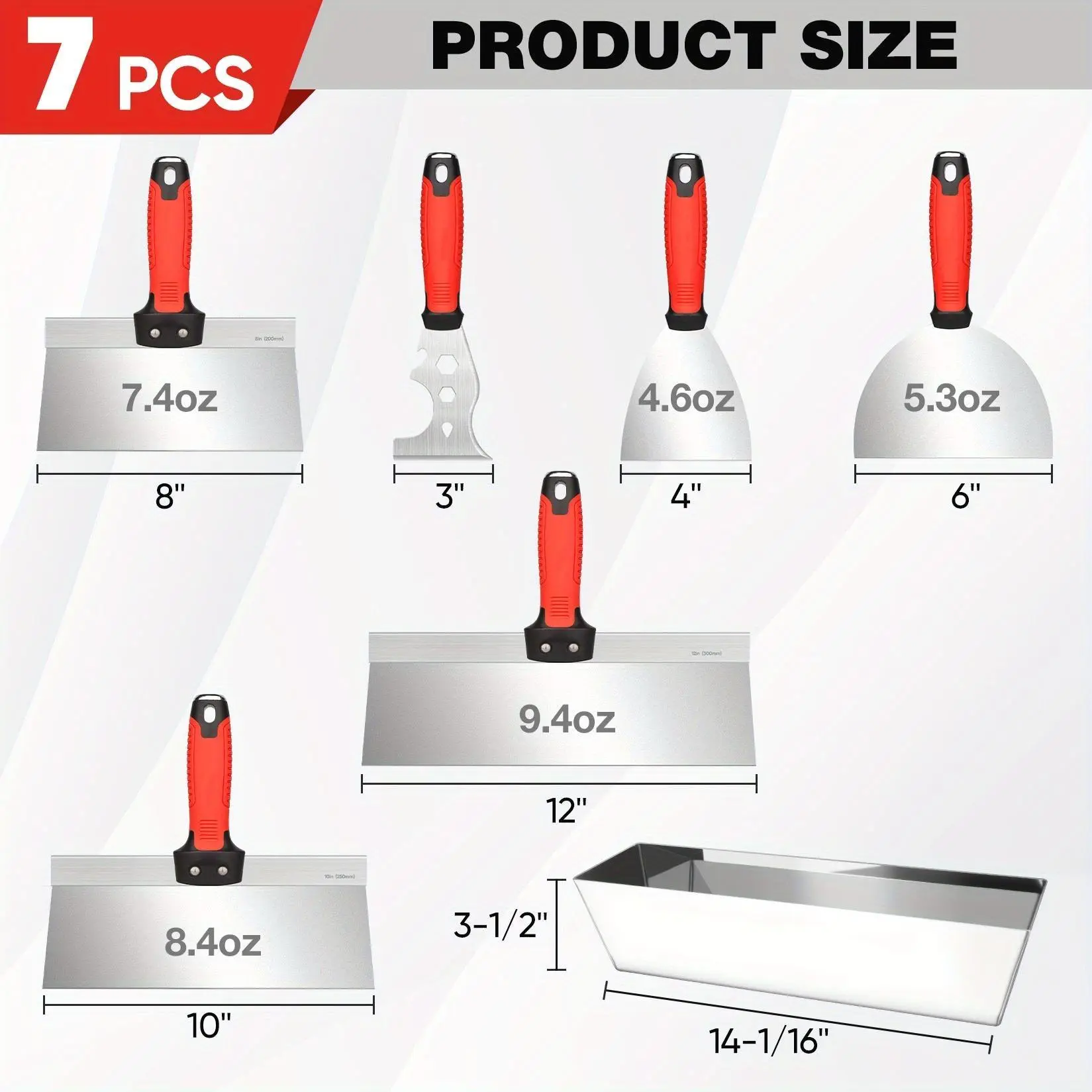 TOOL SET WPM Drywall Tool Kit, 7pcs Stainless Steel Set Includes Putty Knife, Taping Knife, Painter Scraper Tool & 12" Mud Pan For Joint Taping, Finishing, Patching