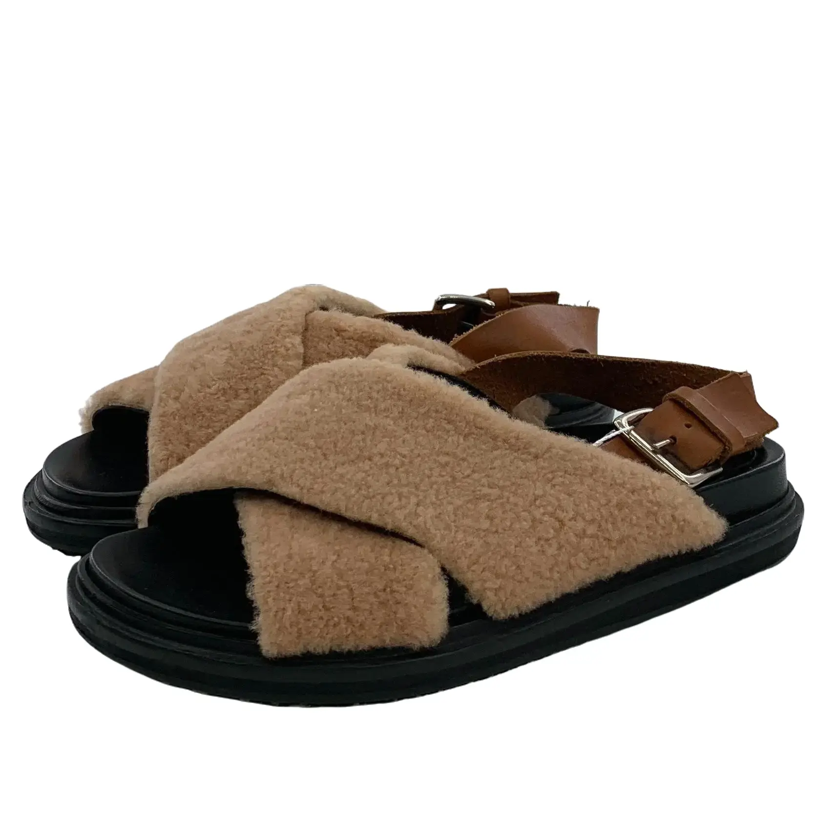RDLT-MARNI Size 37 Brown Furry Strap Buckle Flat Casual Sandals-H37557