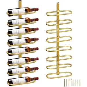 Rack Wall Mounted for 8 Wine Bottles, Metal Wall Hanging Wine Holder Storage, Wine Organizer Shelf for Kitchen Dining Room Bar (Golden)