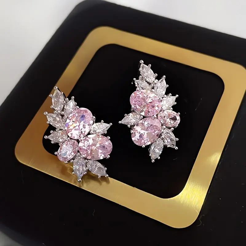Women's Super Sparkling Cherry Blossom Pink Flower Earrings - Female Costume Jewelry with Metal Coating, Rhinestones for Ages 16+ Spring-Summer Sweet Gentle Style, Flowers, Over 15 Years Old, Studs Earrings, Copper Base