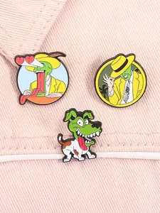3 Piece Set Magic Comedy Movie Enamel Pins, Durable Metal Pins, Funny Cartoon Green Mask Character & Dog Metal Brooches, Backpack Decoration Gift