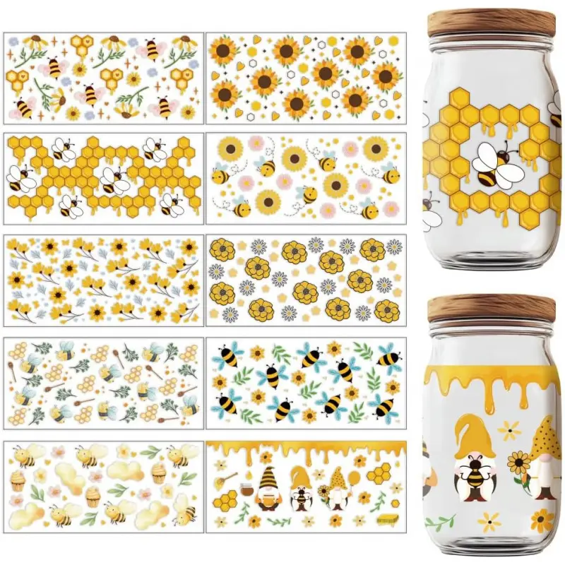 10 Sheets Bee Theme UV DTF Wraps, Clear Print UV DTF Cup Wraps Waterproof Rub on Transfer Stickers Decal for 16 Oz Glass Cups Mugs Container Decor