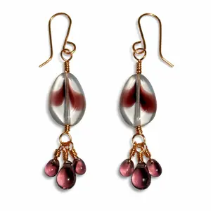 Copper Wire Wrapped Czech Glass Dangle Earrings Clear & Purple Teardrop Beads with Purple Drop Cluster Handmade Boho Jewelry 2.5" Long