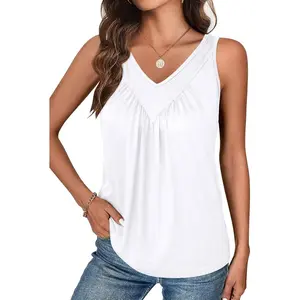 Womens Tank Tops V Neck Ruched Cute Summer Tops Loose Fit Casual Sleeveless Beach Vacation Clothes for Woman