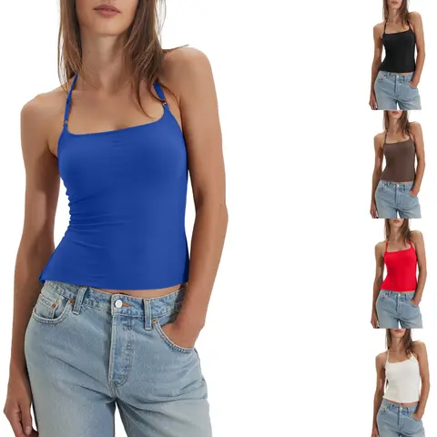 Yeokou Women's Fitted Halter Crop Tank Top - Chic, Cute, Buttery-Soft Double-Lined 4-Way Stretch Elastane Fabric, Adjustable Spaghetti Straps, Backless, Breathable, Sleeveless, Street Style Basic for Party Wear