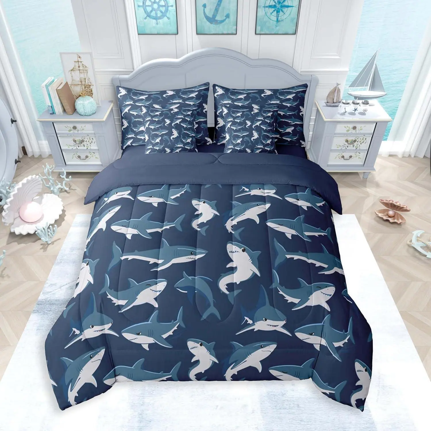 Shark Comforter Set with Sheets for Kids Boys Girls Ocean Sea Shark Lover Gifts 7 Pieces Bedding Set Underwater Animal Bed in a Bag Ocean Blue Room Decor Nautical Marine Soft Microfiber