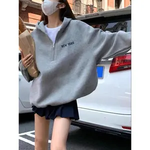 Women's Letter Print Half Zip Up Hoodie, Street Casual Long Sleeve Hooded Sweatshirt for Spring & Fall, Fashion Women's Clothes for Daily Wear