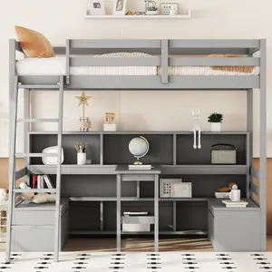 [Bellemave]Twin Loft Bed With Storage Shelves, Drawers, Seat And Desk For Grey Color