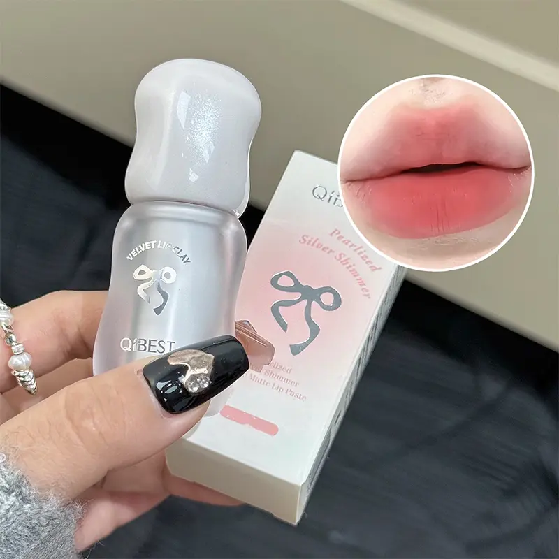 Pearl Silk Silver Glitter Matte Lip Mud, Velvet Low Saturation Bare Face Color Highlighting Lipstick, Glossy Finish Makeup