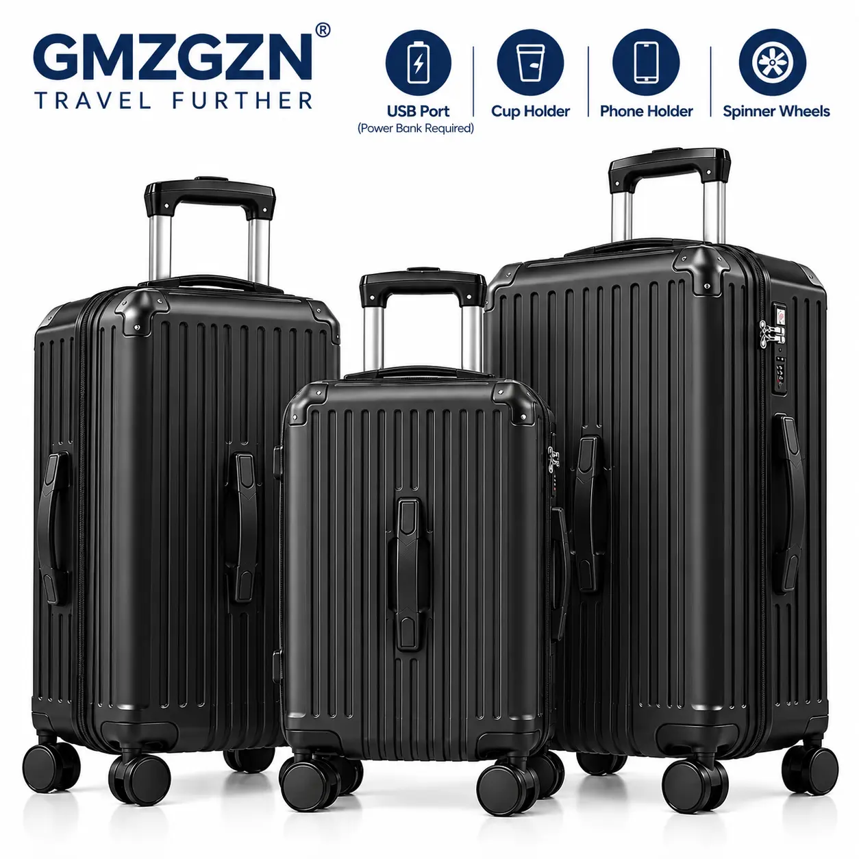 3 Piece Hardshell Luggage Set, USB Port Cup Holder Phone Stand, 22/26/32 in Spinner