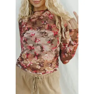 Red Floral Print Sheer Mesh Long Sleeve Top