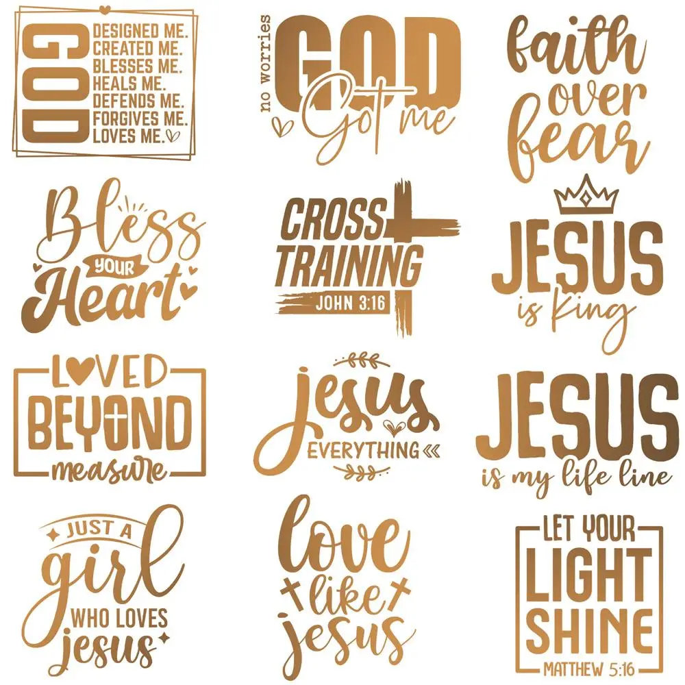 Jesus God Themed Iron-on Heat Transfer Sticker, 12pcs/set Letter Design Heat Press Decal, Faith Heat Transfer for DIY Clothing T-shirt Mask Jeans Back