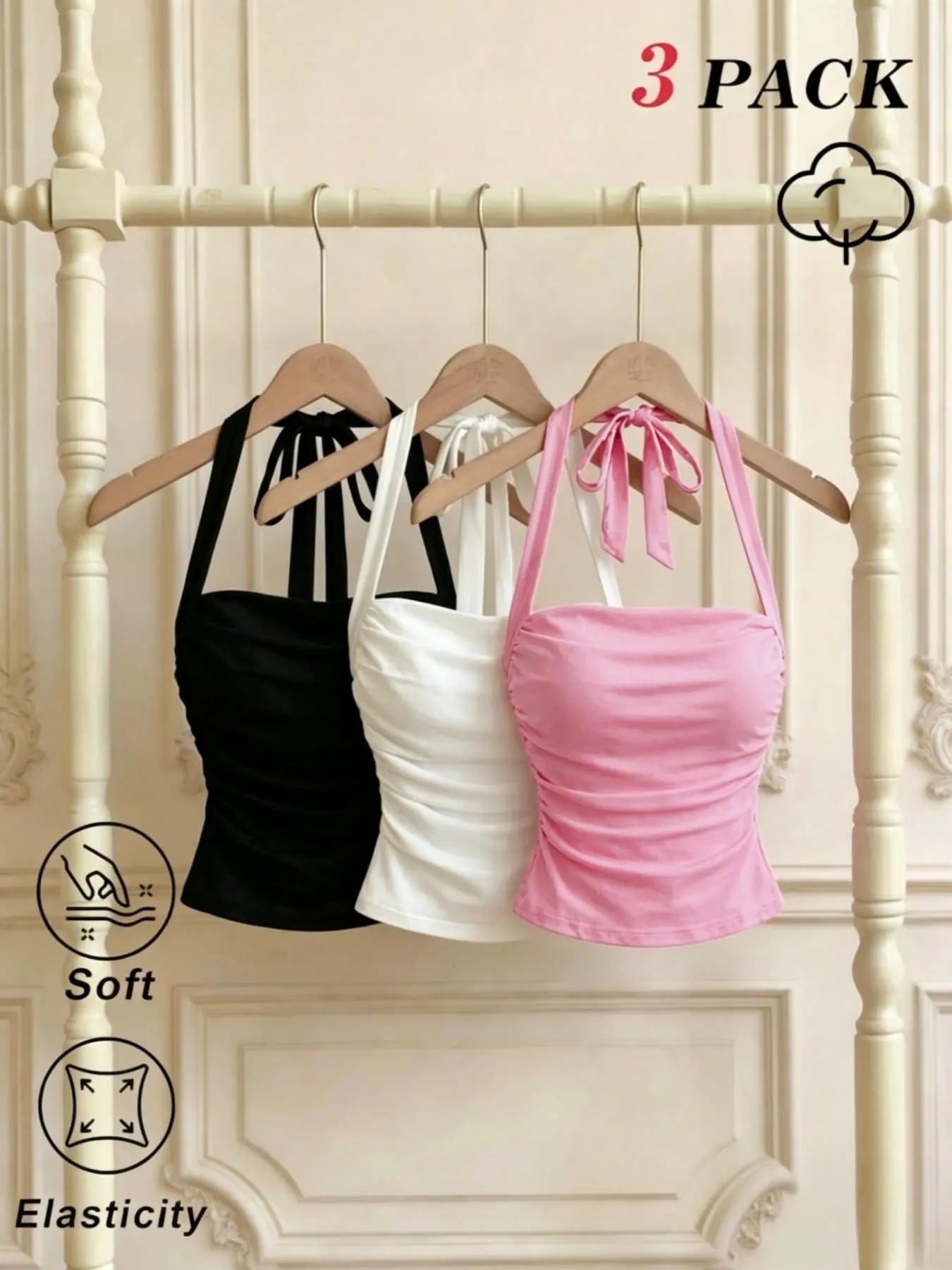 New Fashionable Sexy Elegant Casual Off-Shoulder Backless Camisole Top Strap Short Tube Top Vest Set, Three-Piece Underwear for Spring Summer Autumn Winter