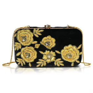 La Marey Velvet Bead Work Clutch Bag with Chain Strap