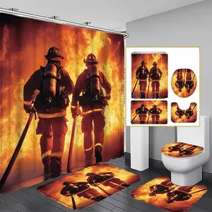 1/3/4PCS Firefighter Backdrop Shower Curtain Set, 71x71 Inches, Includes Background Pattern & 12 Hooks, Ideal for Bath Decor, 1/3/4pcs Options