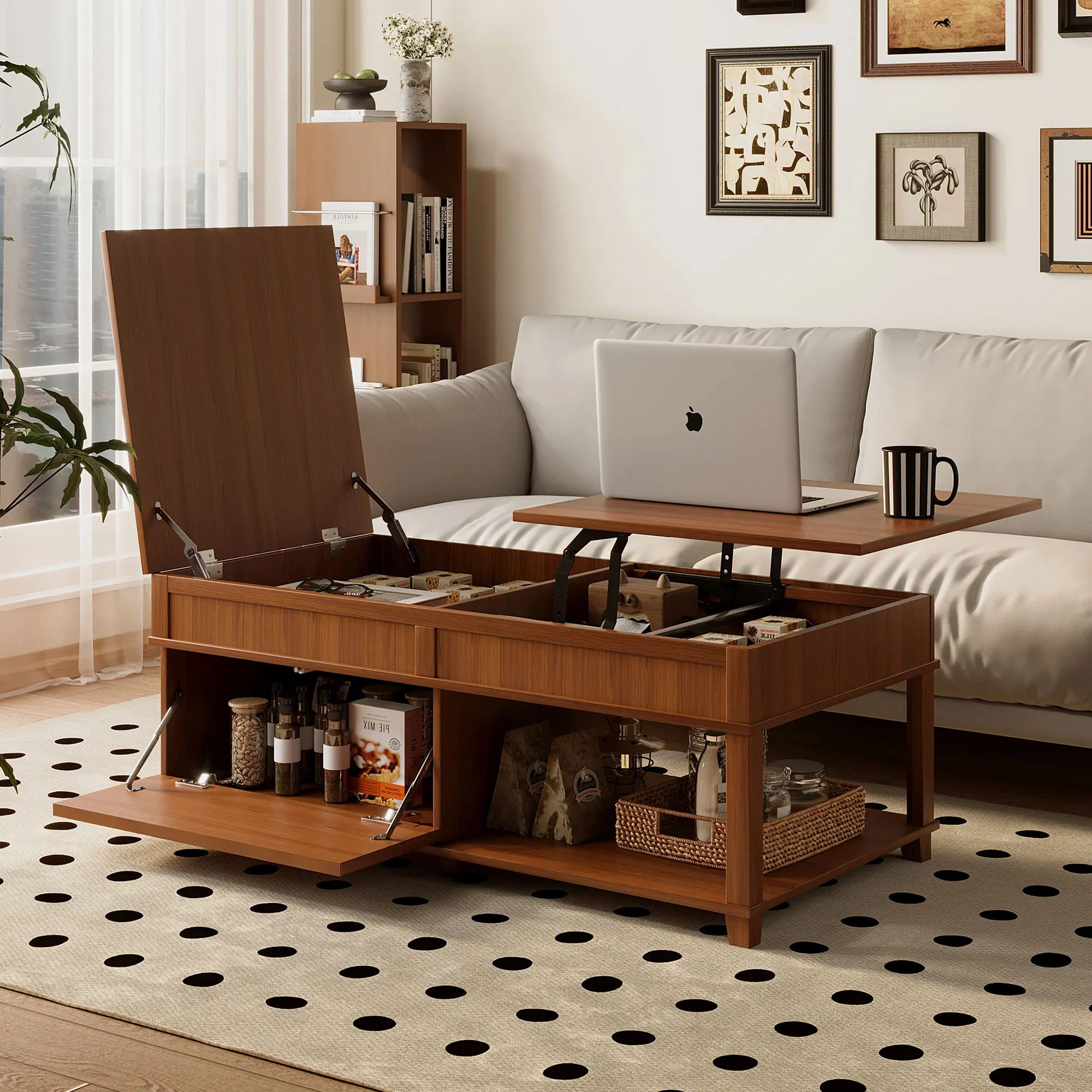 AshHaven Lift Top Coffee Table with Hidden Compartment & Adjustable Desktop – Multi-Functional Storage Shelf for Living Room, Apartment – Apricot Brown  pull  up coffee table