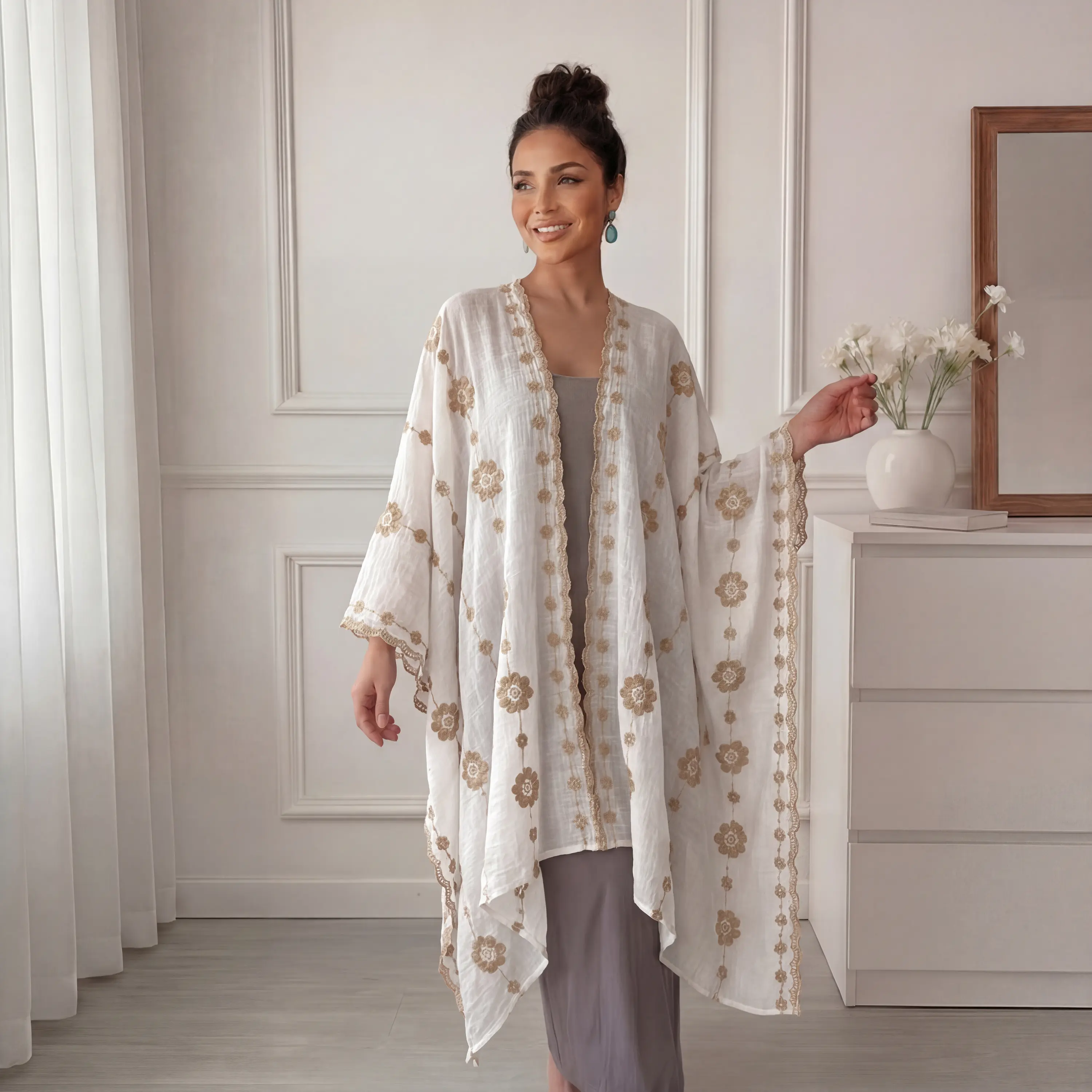 Must-Have Bohemian Flower Chain Embroidered Kimono Cover Up, Soft Breathable Crinkle Fabric Lace Edge Open Front Cardigan, Loose Asymmetric Hem Shawl Flatters All Body Shapes for Beach Trips & Travel