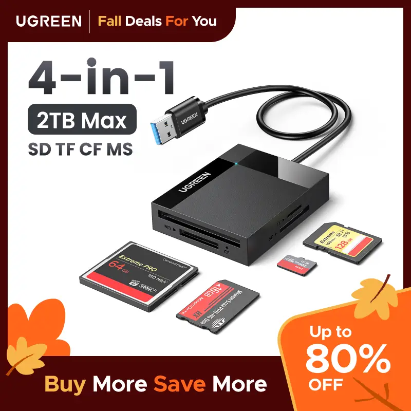 UGREEN 4in1 SD TF Card Reader 5Gbps 2TB Max USB 3.0 TF, SD, CF,MS ,Micro SD, SDXC for Windows Linux MacOS Laptop PC, Computer Office Accessories, Sept