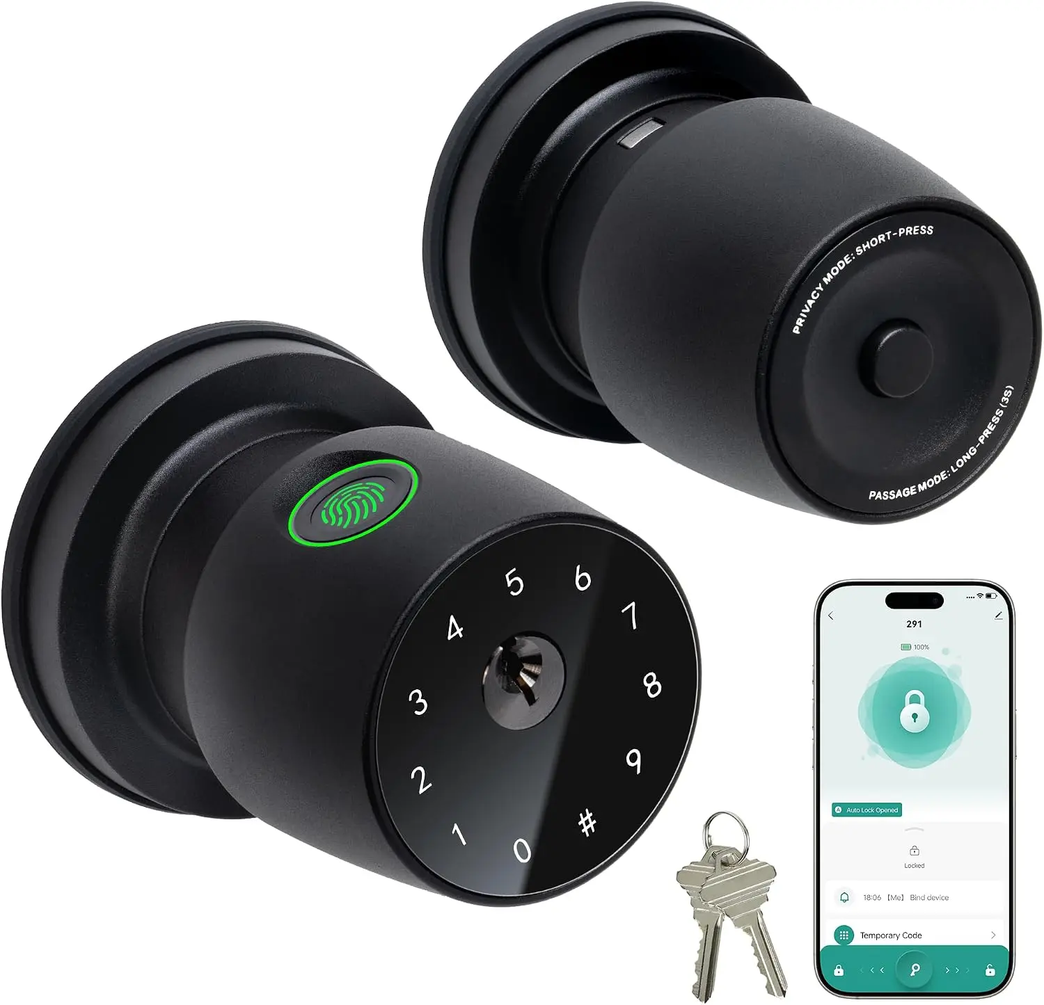 Smart Fingerprint Door Knob with Keypad, 4-in-1 Keyless Entry (Fingerprint, Passcode, App, Physical Key), Auto-Lock with 1-Tap Privacy Mode, Waterproof Electronic Door Lock for Indoor & Outdoor Doors, Matte Black & Satin Nickel, IRONZON