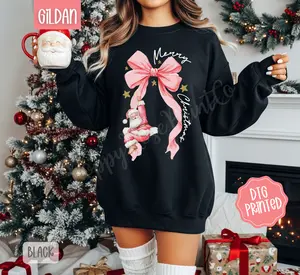 Pink Santa Bow Sweatshirt, Trendy Women's Christmas Crewneck