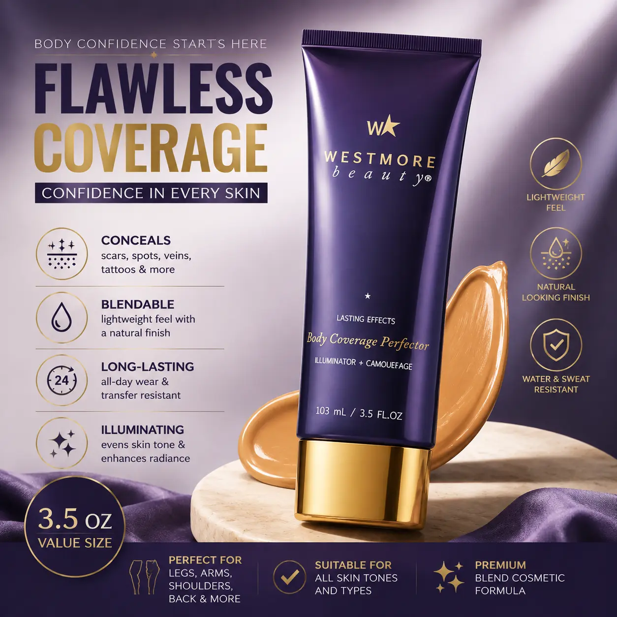 Beauty Body Coverage Perfector 3.5oz + X-Large Buffer Brush-Flawless Body Makeup, Concealer for Scars, Spots,Veins, Tattoos and More Blend Cosmetic