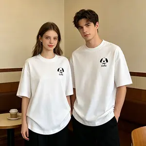 Cute Puppy Print Couple T-Shirt — Minimalist White Loose Cotton Tee, Unisex Casual Everyday Wear