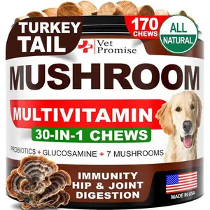 Turkey Tail Mushroom Chews for Dogs with Lion’s Mane & Reishi, Immune, Joint, Gut & Skin Support Multivitamin Supplement, Natural Daily Wellness Formula Made in USA, 170 Chews