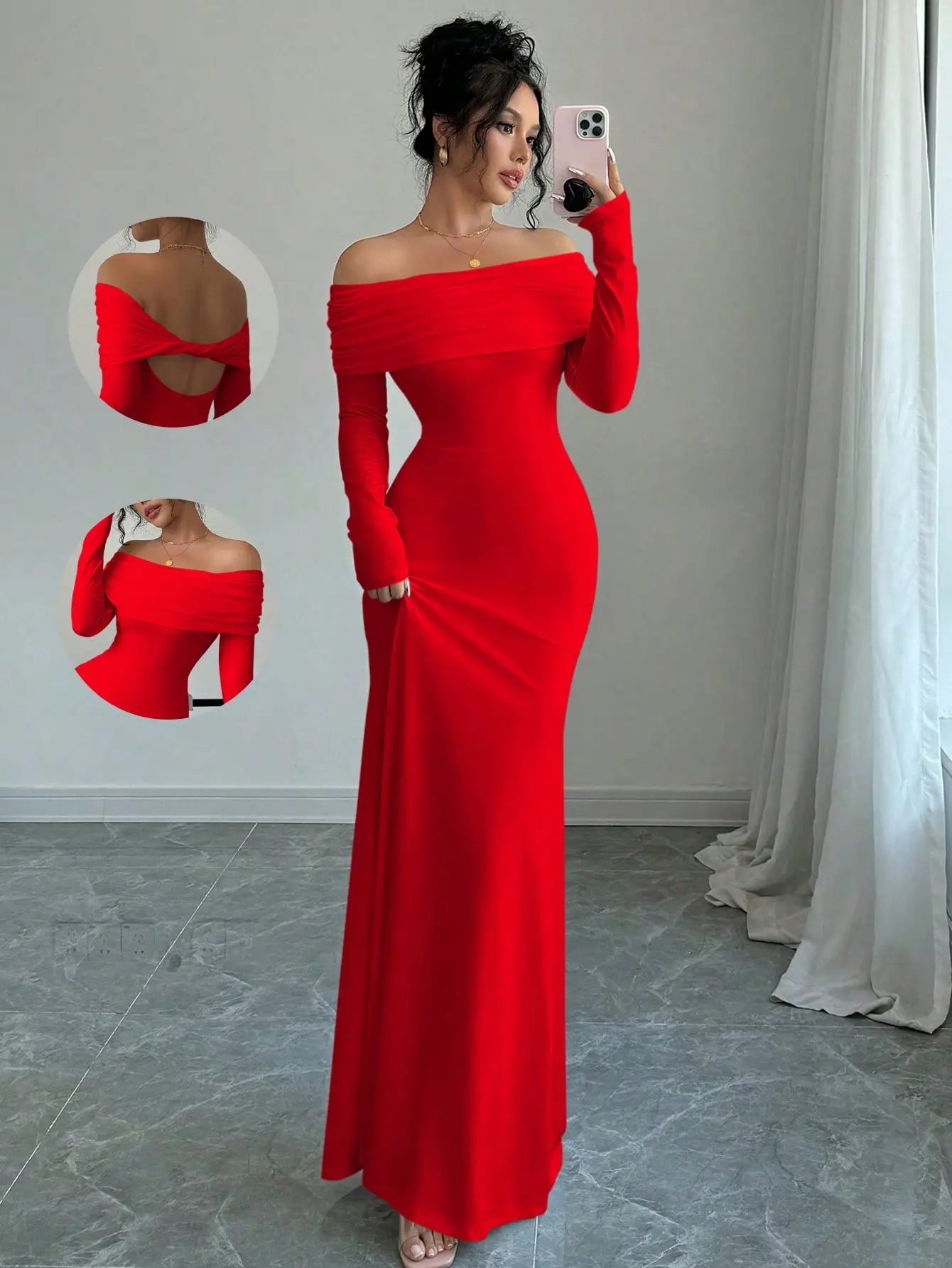 Tight Fit Long Sleeve Cinched Waist Double Layer Off-Shoulder Open Back Twist Mermaid Hem Stretch Knit Dress, For Women, Autumn/Winter For New Year Clothes Maxi Women Outfit