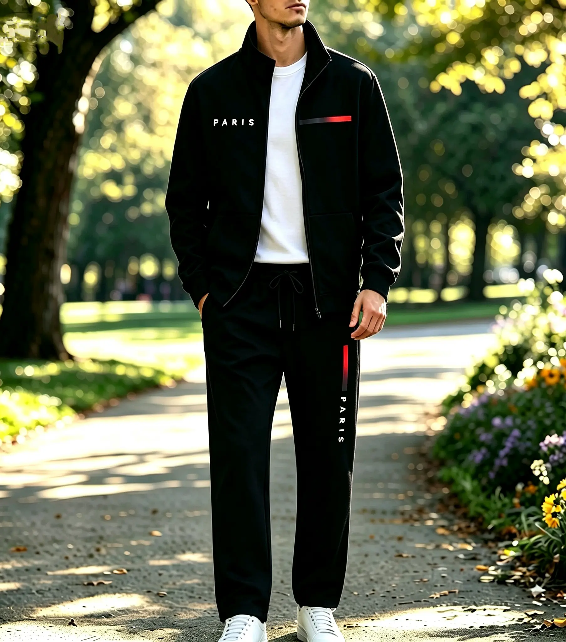 Men’s stand-collar zip-up long-sleeve top + long pants set featuring “PARIS” lettering and red stripe print; trendy streetwear casual sportswear for autumn/winter.