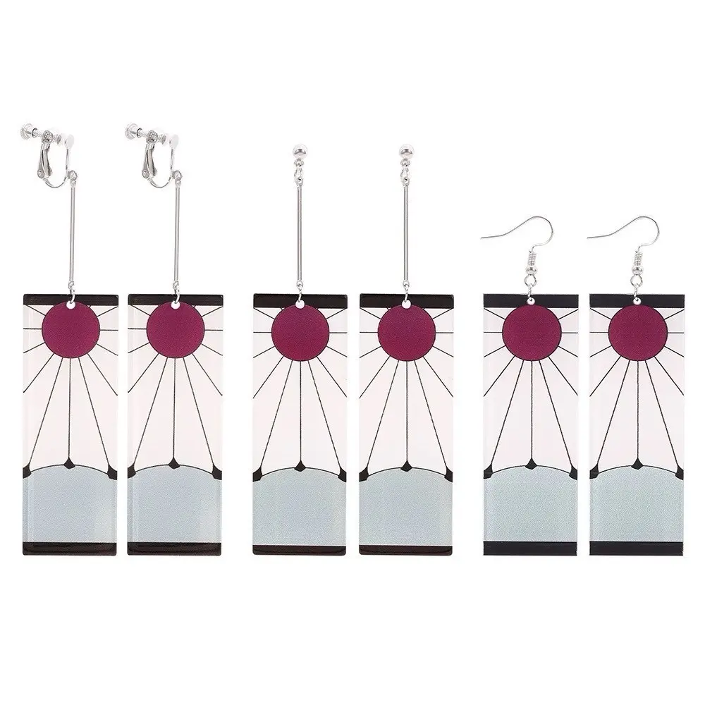 FlashyStudioNYC Acrylic Anime Dangle Earrings - Japanese Sunrise, Kawaii Sun Character, Hanafuda, Rectangular, Tanjiro-Inspired Unisex Cosplay Costume Jewelry